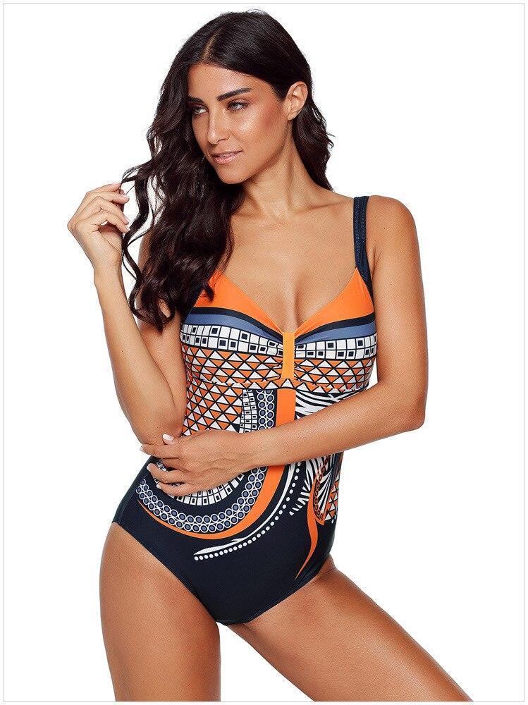 New Female High Waist One-Piece Swimsuit Chic Print V-Neck Sleeveless Slim Plus Size Sling One-Piece Swimwear