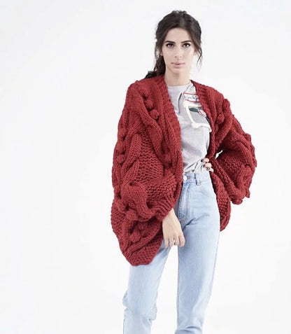 Autumn Winter  New European American Style Pure Hand-Woven Ball Big Hemp Sweater Fashion Sweater Women Cardigans  V-Neck