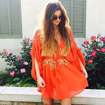 Boho Sexy Embroidered Deep V-Neck Drawstring Long Sleeve Mini Dress