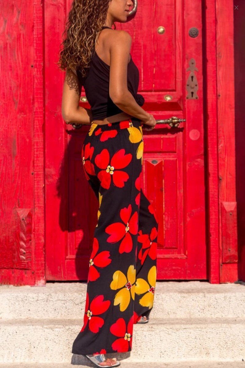 Women'S Casual Pajama Boho Beach Pants Floral Print Drawstring Palazzo Lounge Wide Leg Pant Pantalon Femme
