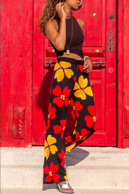 Women'S Casual Pajama Boho Beach Pants Floral Print Drawstring Palazzo Lounge Wide Leg Pant Pantalon Femme