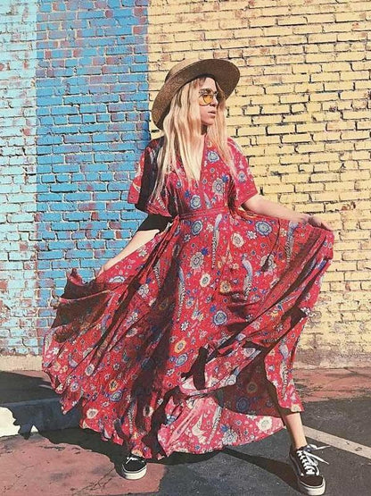 Exotic Floral Print V-Neck Long Summer Kimono Sleeve Women Dress