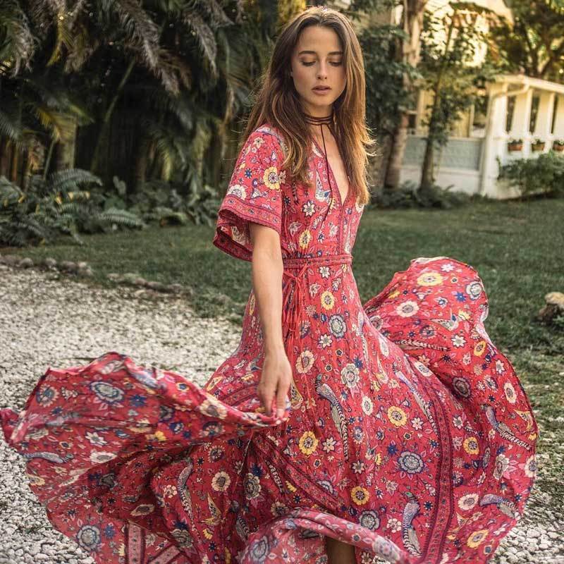 Exotic Floral Print V-Neck Long Summer Kimono Sleeve Women Dress