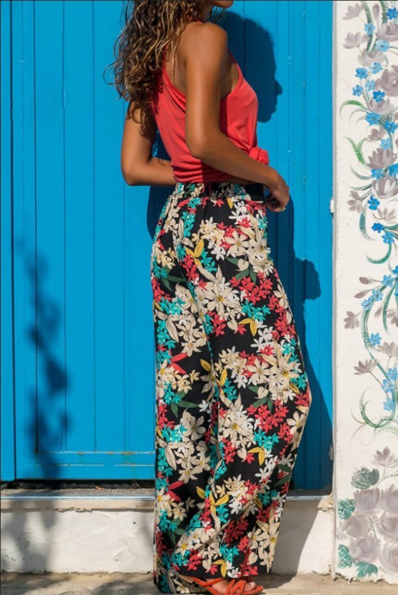 Women'S Casual Pajama Boho Beach Pants Floral Print Drawstring Palazzo Lounge Wide Leg Pant Pantalon Femme