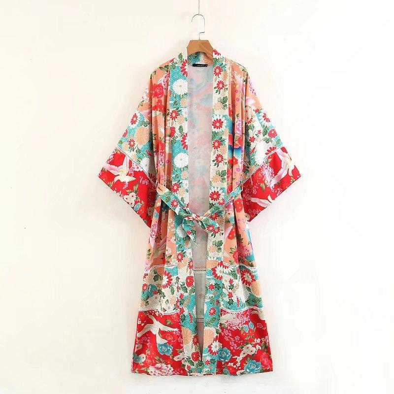 Boho Patchwork Maxi Floral Print Long Batwing Sleeve Belt Cover-Up