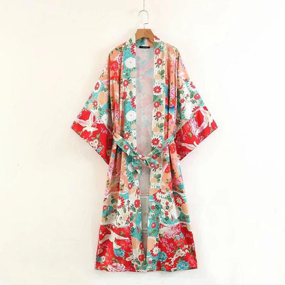 Boho Patchwork Maxi Floral Print Long Batwing Sleeve Belt Cover-Up