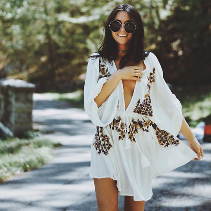Boho Sexy Embroidered Deep V-Neck Drawstring Long Sleeve Mini Dress