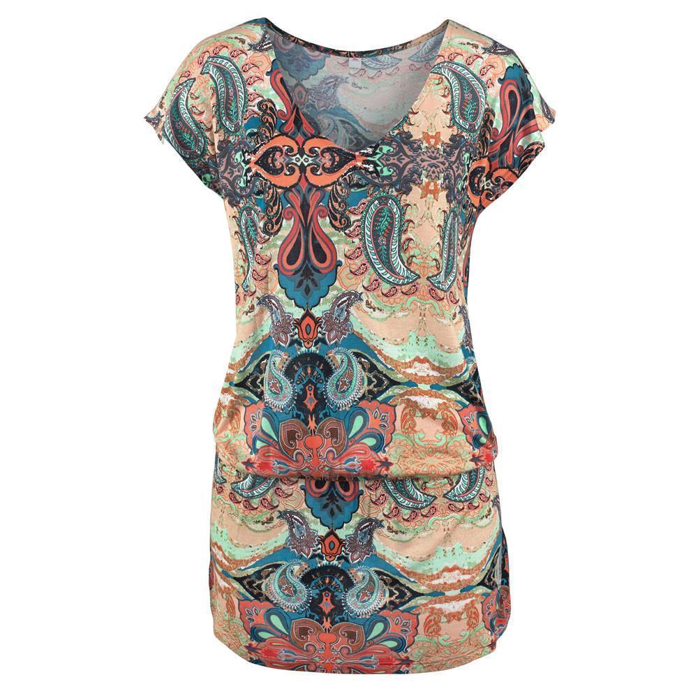 Summer Women'S Bohemian Print Short-Sleeved Mini Dress Elegant Fashion Loose Vacation Beach Dress