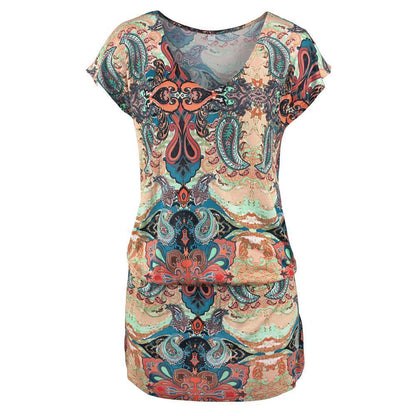 Summer Women'S Bohemian Print Short-Sleeved Mini Dress Elegant Fashion Loose Vacation Beach Dress