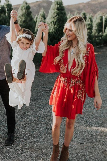 Boho Sexy Embroidered Deep V-Neck Drawstring Long Sleeve Mini Dress