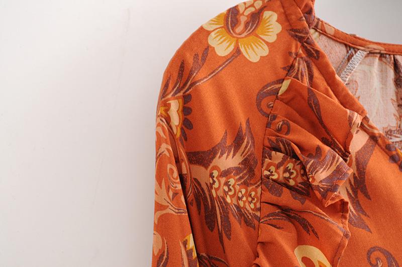 Print Frill Dress Women Tiers V-Neck Long Sleeve Dress Autumn  New Boho Dress
