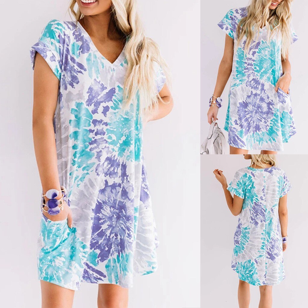 Fashion Womens Casual Loose Sexy V-Neck Tie-Dye Pocket Short Sleeve Dress