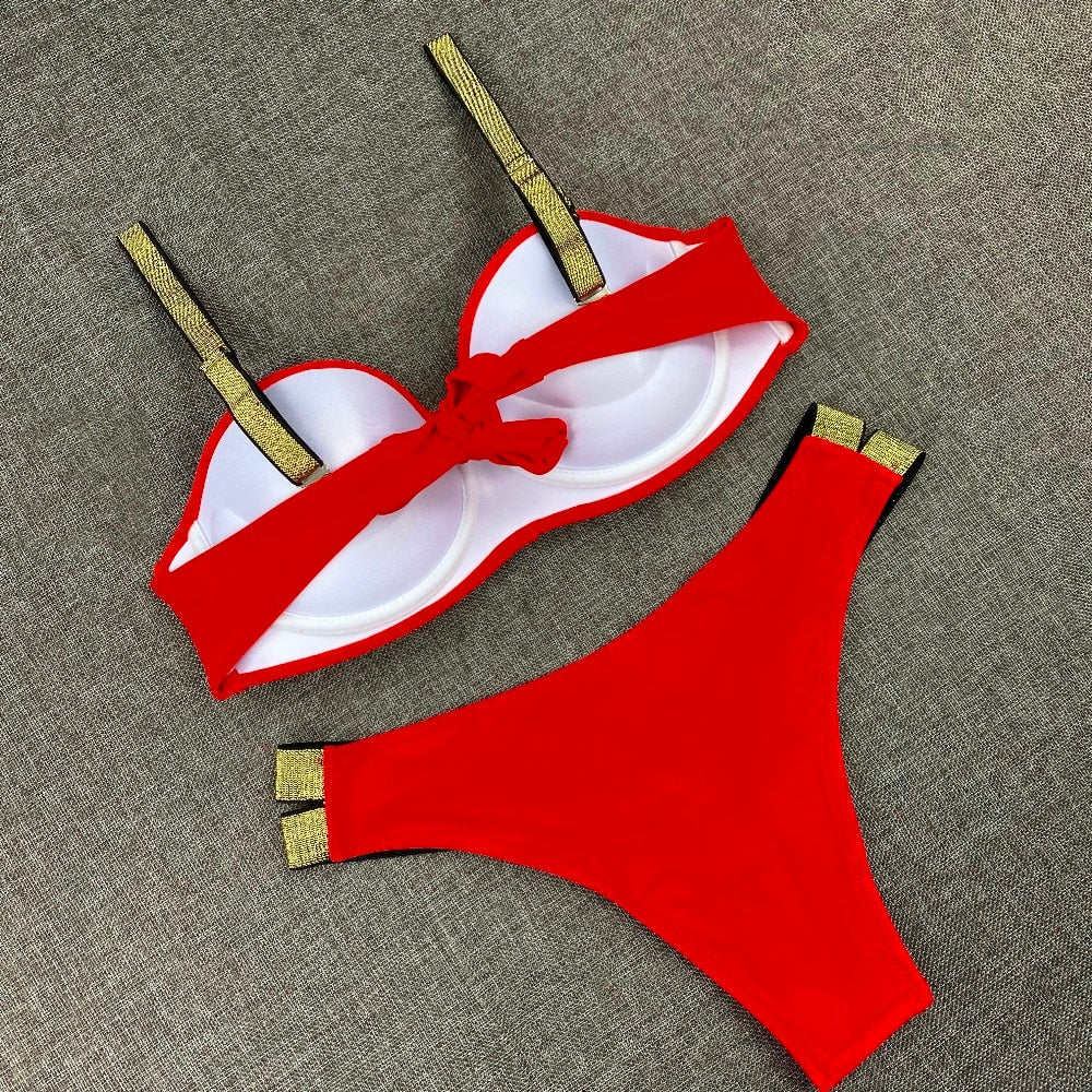 Printed Flowers Sexy Solid Color Bikini Women Swimwear Bandeau Biquini Swimsuit Female Bathing Suit Push Up Bikini Set Beachwear