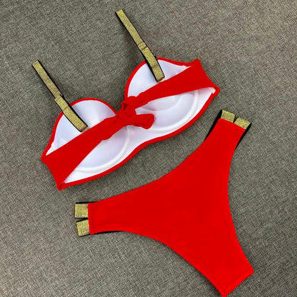 Printed Flowers Sexy Solid Color Bikini Women Swimwear Bandeau Biquini Swimsuit Female Bathing Suit Push Up Bikini Set Beachwear
