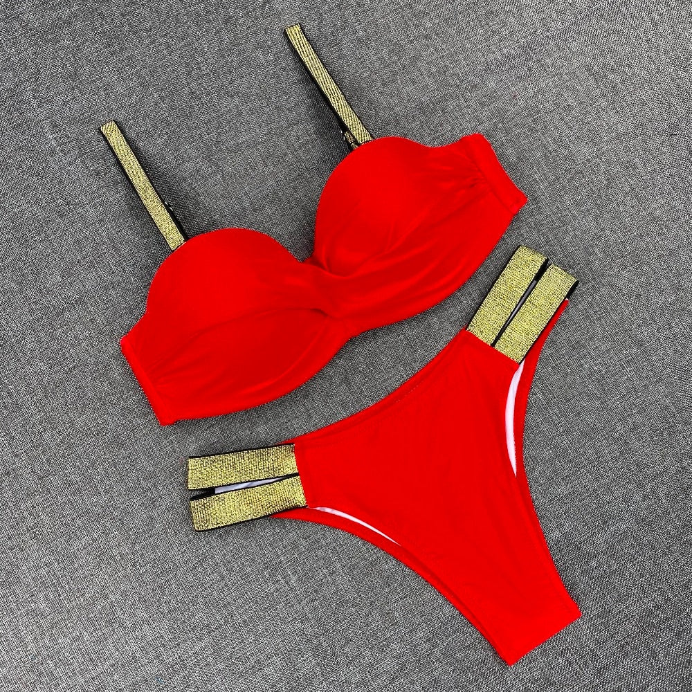 Printed Flowers Sexy Solid Color Bikini Women Swimwear Bandeau Biquini Swimsuit Female Bathing Suit Push Up Bikini Set Beachwear
