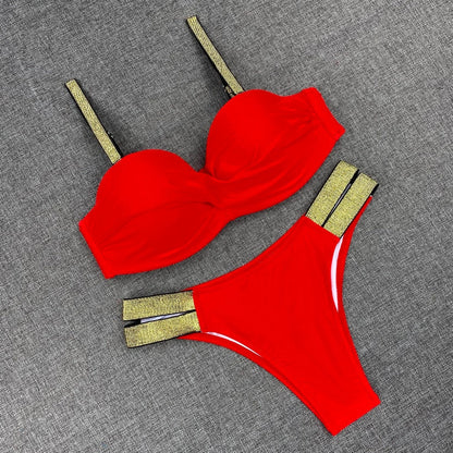 Printed Flowers Sexy Solid Color Bikini Women Swimwear Bandeau Biquini Swimsuit Female Bathing Suit Push Up Bikini Set Beachwear