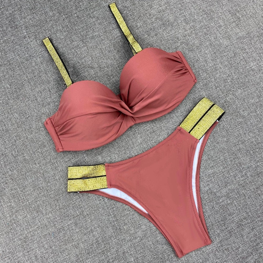 Printed Flowers Sexy Solid Color Bikini Women Swimwear Bandeau Biquini Swimsuit Female Bathing Suit Push Up Bikini Set Beachwear