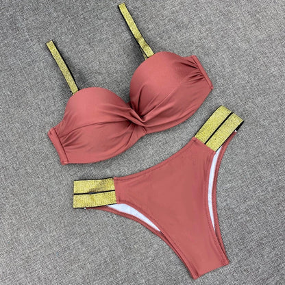 Printed Flowers Sexy Solid Color Bikini Women Swimwear Bandeau Biquini Swimsuit Female Bathing Suit Push Up Bikini Set Beachwear