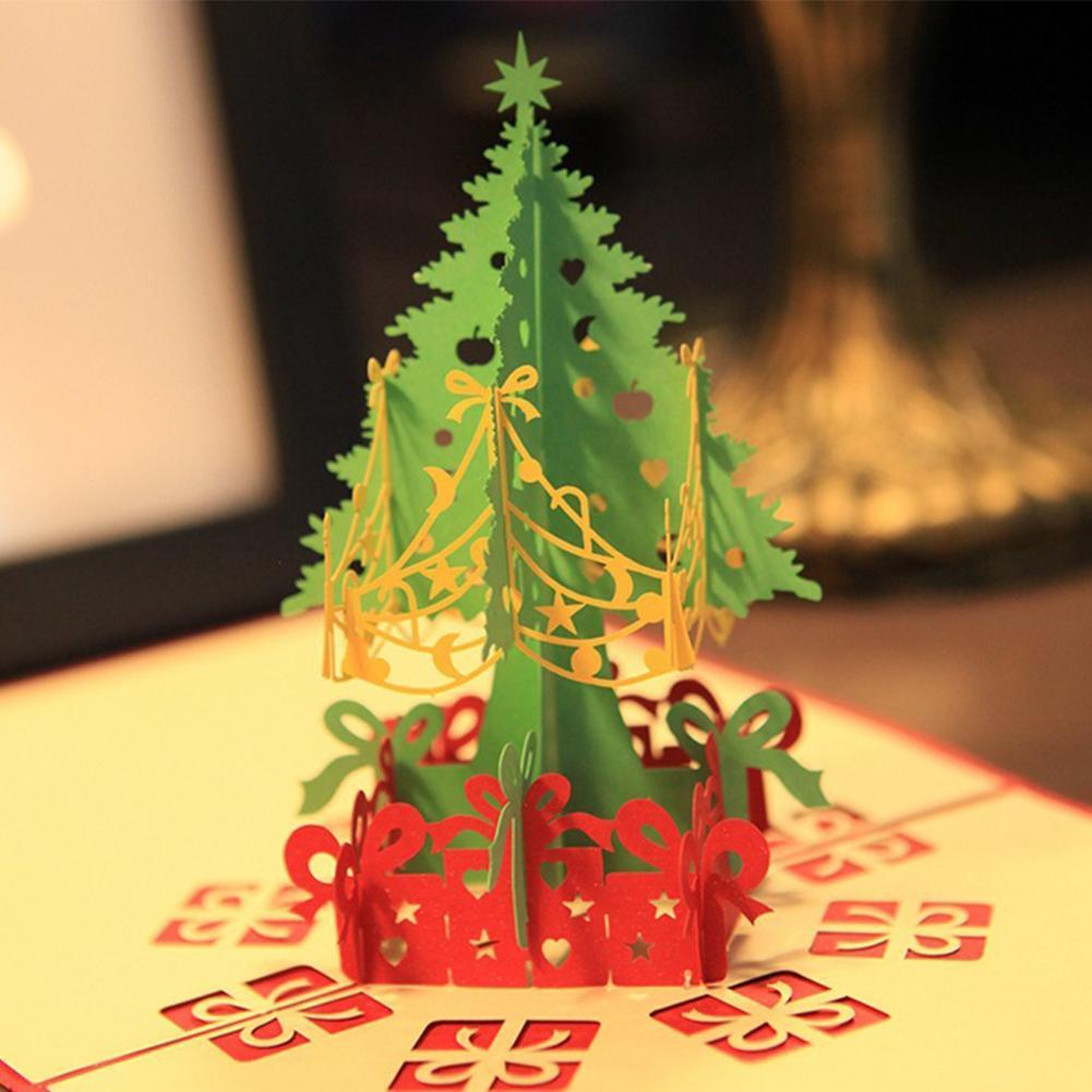 3Pcs/Lot Handmade 3D Design Stand Up Christmas Tree Greeting Card Holiday Happy New Year Holiday Gift Bright Color