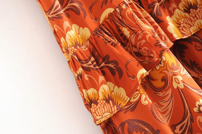 Print Frill Dress Women Tiers V-Neck Long Sleeve Dress Autumn  New Boho Dress