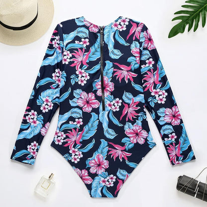 Print Floral One Piece Swimsuit Long Sleeve Swimwear Women Bathing Suit Retro Swimsuit Vintage One-Piece Surfing Swim Suits