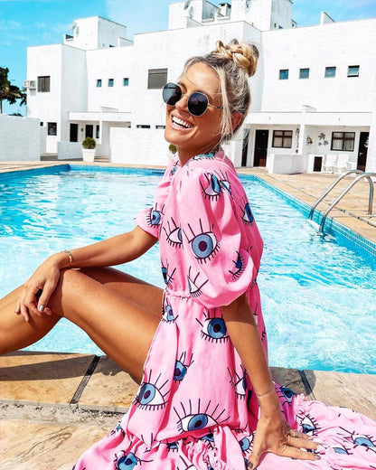 Wrinkle-Free Pink Eyes Chiffon Dresses Sexy Short Sleeve 2021 Summer Beach Dress Women Beach Wear Swim Suit Cover Up D1