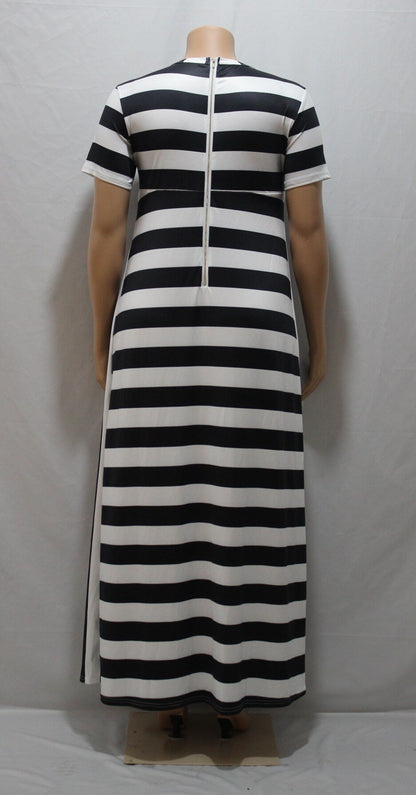 Hot Selling Women'S Dress Loose-Fit Crew Neck Horizontal And Vertical Stripes Large Size Dress