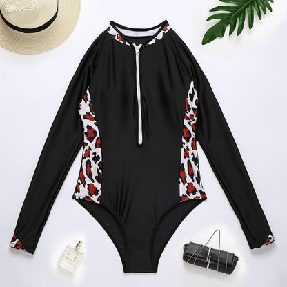 Print Floral One Piece Swimsuit Long Sleeve Swimwear Women Bathing Suit Retro Swimsuit