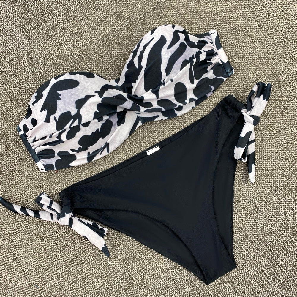 Printed Flowers Sexy Solid Color Bikini Women Swimwear Bandeau Biquini Swimsuit Female Bathing Suit Push Up Bikini Set Beachwear