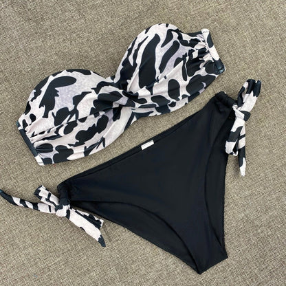 Printed Flowers Sexy Solid Color Bikini Women Swimwear Bandeau Biquini Swimsuit Female Bathing Suit Push Up Bikini Set Beachwear