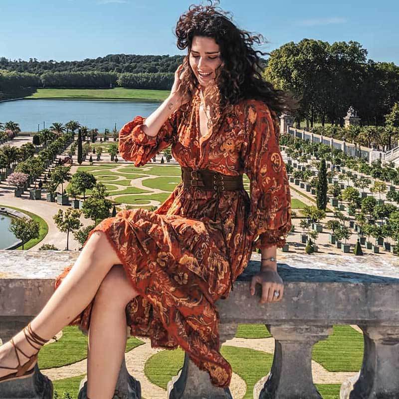 Print Frill Dress Women Tiers V-Neck Long Sleeve Dress Autumn  New Boho Dress
