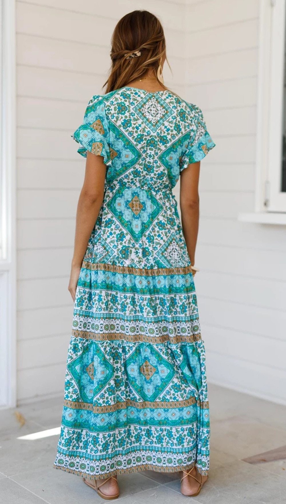 Designer Women'S Summer Holiday Dress Retro Printed V-Neck Long Dress