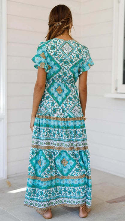 Designer Women'S Summer Holiday Dress Retro Printed V-Neck Long Dress