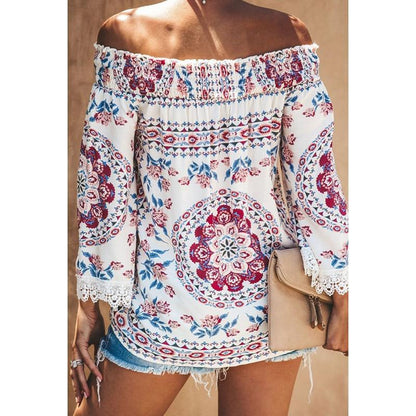 Autumn And Winter Women Retro Printed Lace Stitching Off Shoulder Elegant Loose Flare Sleeve Blouse