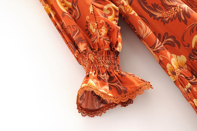Print Frill Dress Women Tiers V-Neck Long Sleeve Dress Autumn  New Boho Dress