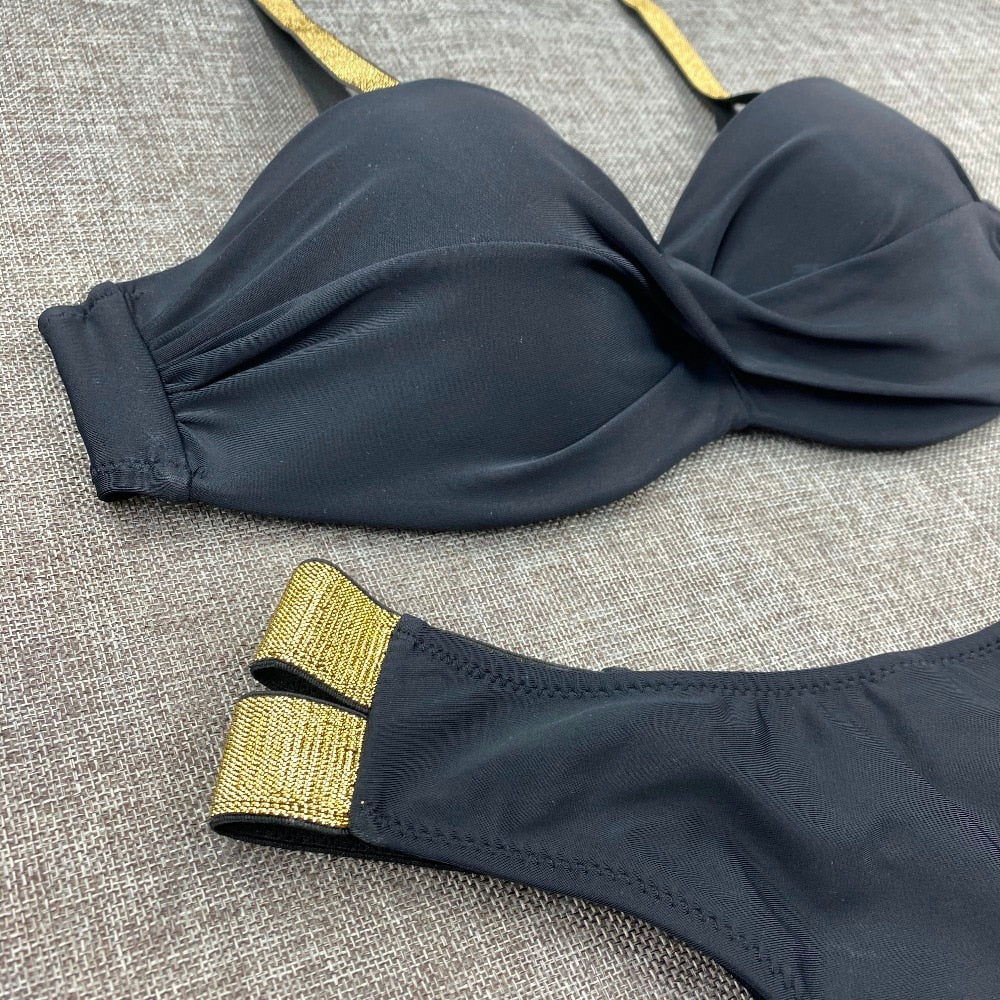 Printed Flowers Sexy Solid Color Bikini Women Swimwear Bandeau Biquini Swimsuit Female Bathing Suit Push Up Bikini Set Beachwear
