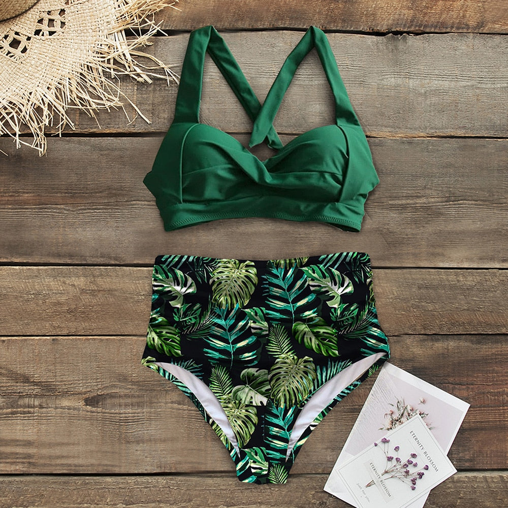 Sexy High Waist Bikini Floral Halter Plus Size Swimwear Women Swimsuit Female Bikini Set Bodysuit Bathing Suit Summer Biquini Xxl
