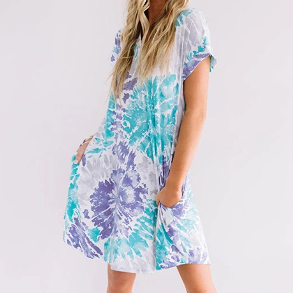 Fashion Womens Casual Loose Sexy V-Neck Tie-Dye Pocket Short Sleeve Dress