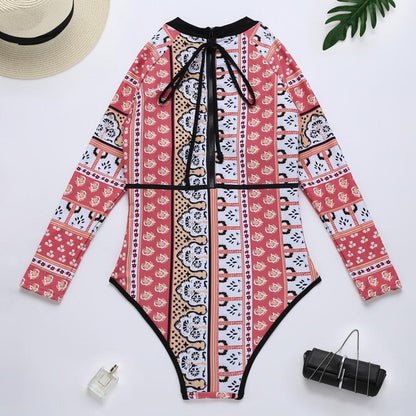 Print Floral One Piece Swimsuit Long Sleeve Swimwear Vintage One-Piece Surfing Swim Suits