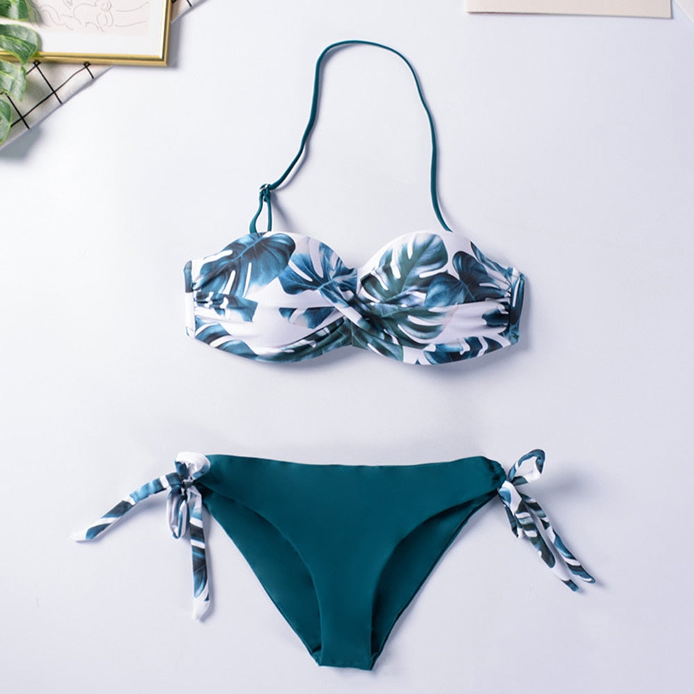 Printed Flowers Sexy Solid Color Bikini Women Swimwear Bandeau Biquini Swimsuit Female Bathing Suit Push Up Bikini Set Beachwear