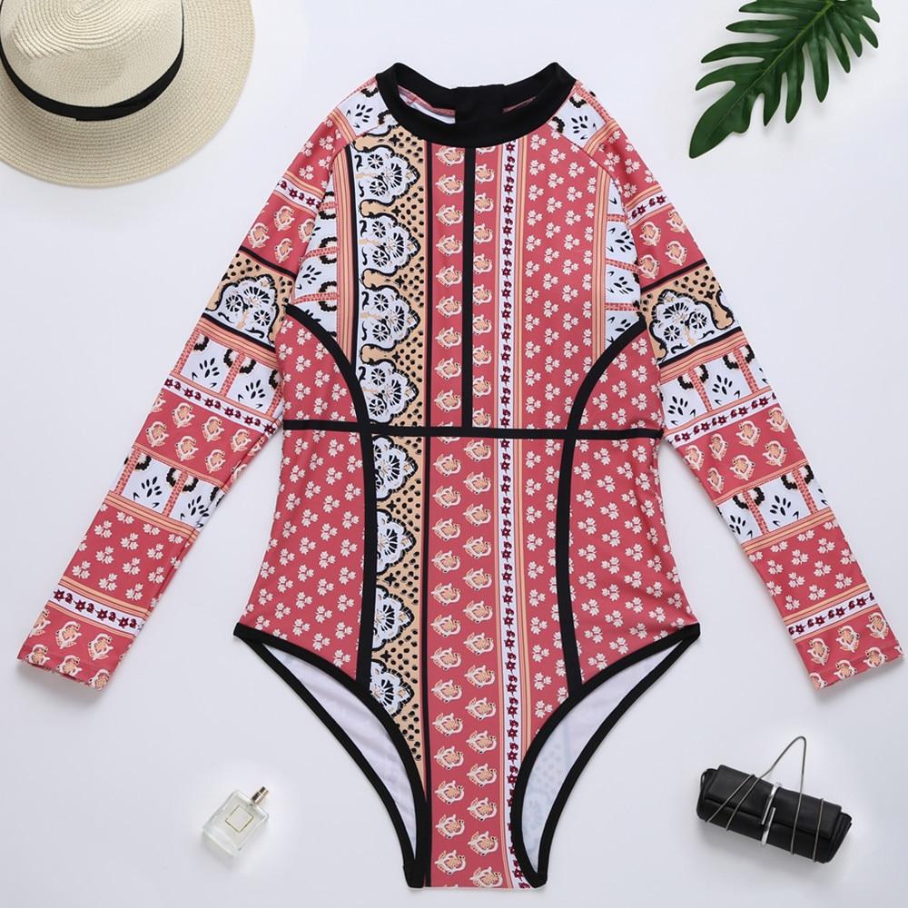 Print Floral One Piece Swimsuit Long Sleeve Swimwear Vintage One-Piece Surfing Swim Suits