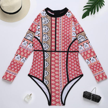 Print Floral One Piece Swimsuit Long Sleeve Swimwear Vintage One-Piece Surfing Swim Suits