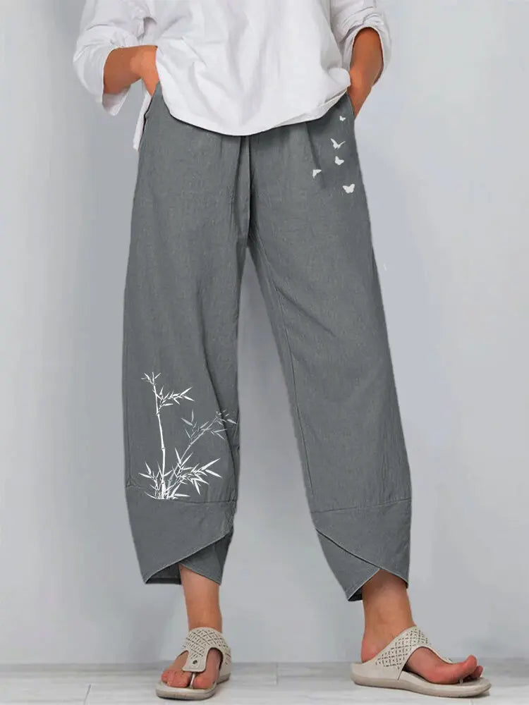Vintage Print Women Pants Fashion Irregular Casual High Waist Elastic Waist Straight Loose Trousers Summer Lady Cargo Pantalon