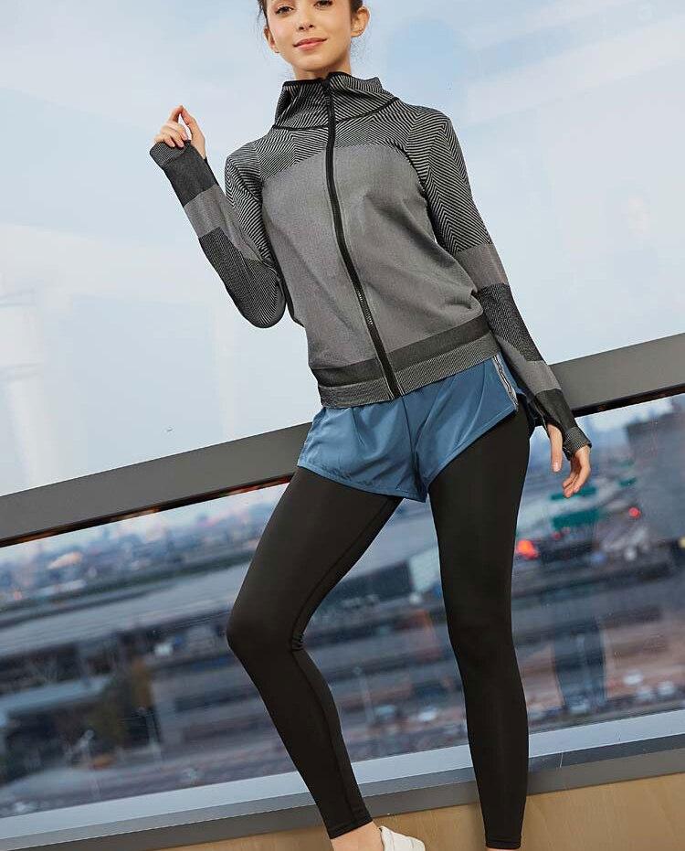 Splice Color Gym Workout Jackets Women Quick Dry Yoga Seamless Sport Fitness Coat Outwear Zipper Training Running Jacket Women'S
