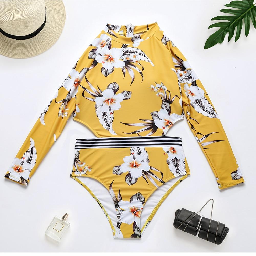 Yellow Print Floral One Piece Swimsuit Long Sleeve Swimwear Women Bathing Suit Retro Swimsuit  One-Piece Surfing Swimsuits