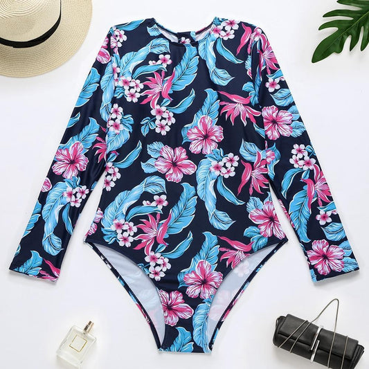 Print Floral One Piece Swimsuit Long Sleeve Swimwear Women Bathing Suit Retro Swimsuit Vintage One-Piece Surfing Swim Suits