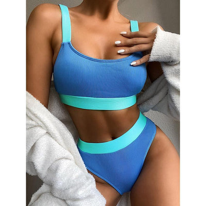 High Waist Bikinis 2021 Swimsuits Bandeau Swimwear Women Splicing Bikini Beachwear Sports Ribbed Bathing Suits New Bikini