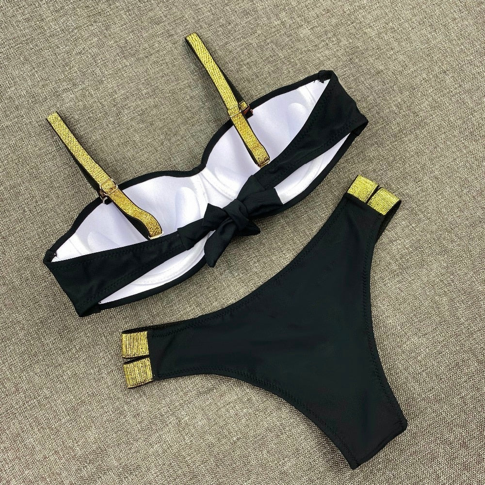 Printed Flowers Sexy Solid Color Bikini Women Swimwear Bandeau Biquini Swimsuit Female Bathing Suit Push Up Bikini Set Beachwear
