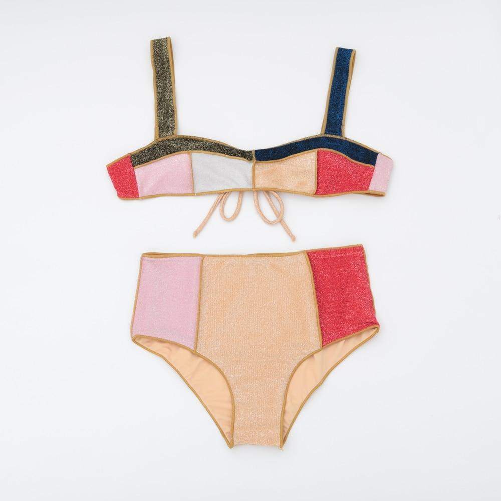 High Waist Bikini Women Swimsuit Contrast Color Patchwork Swimwear Female 2021 New Flash Bathing Suit Beachwear Swimming Suit Xl