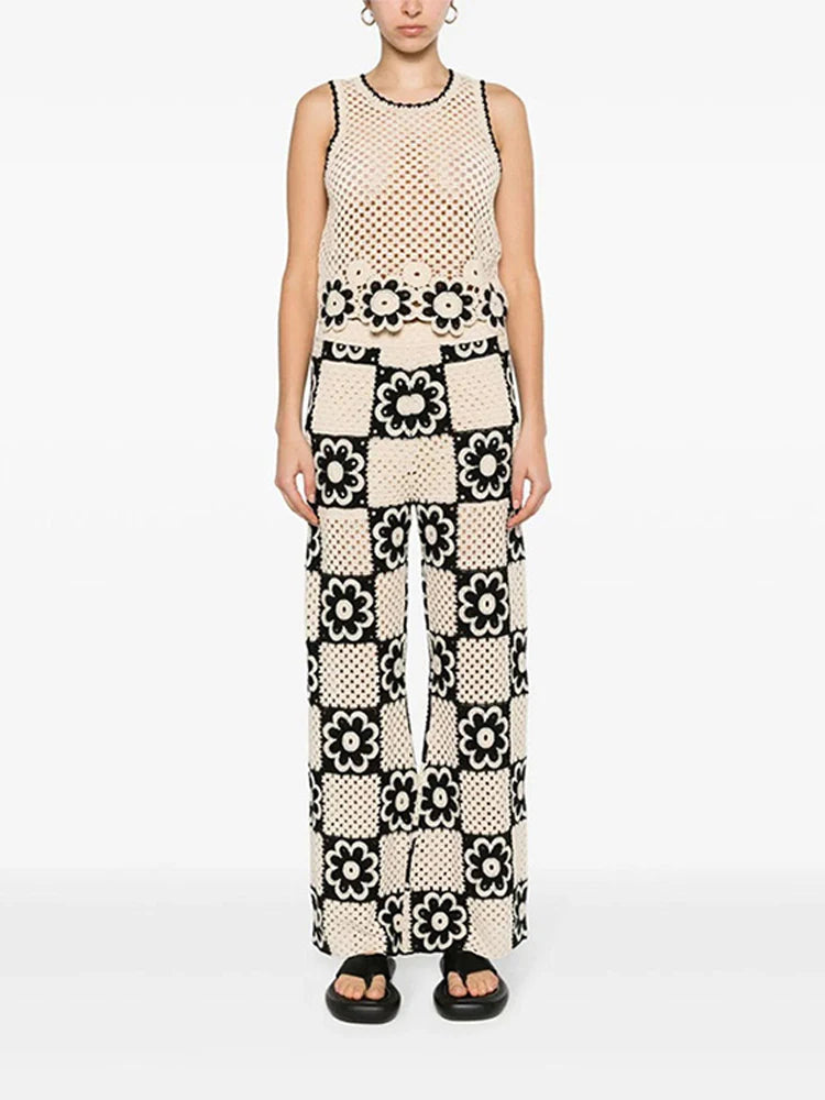 Hollow Out Knitted Sets For Women Sleeveless O-Neck Short Vest Flower Knitting Pants Elegant Women'S Sets Simple Vintage 2 Piece